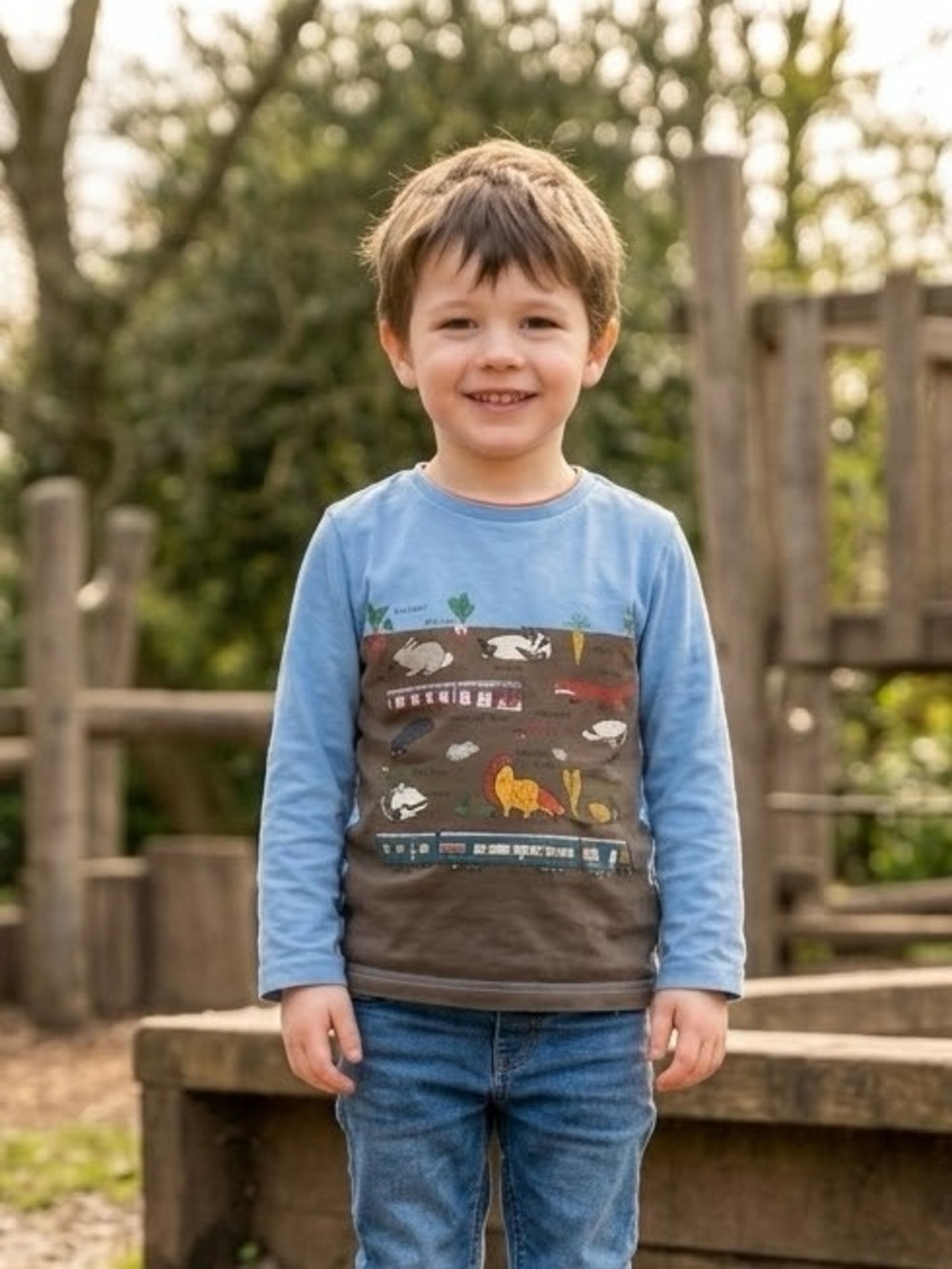 Mini Boden Blue and Brown Long-Sleeve Animal Graphic Tee